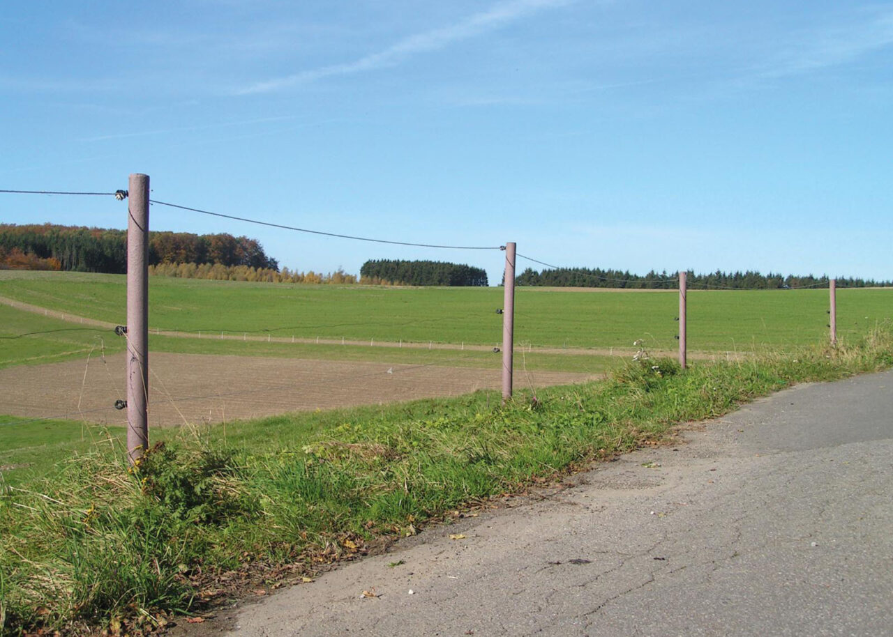 Brown recycled plastic posts carrying electric fence wire along a roadside