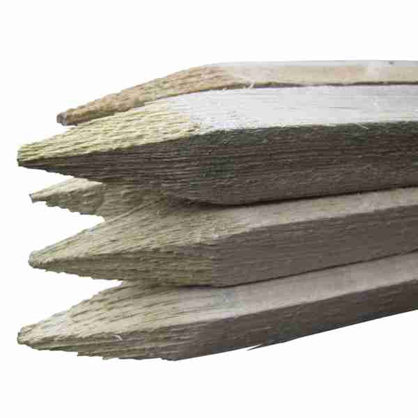 Machine-pointed ends of square treated timber tree stakes